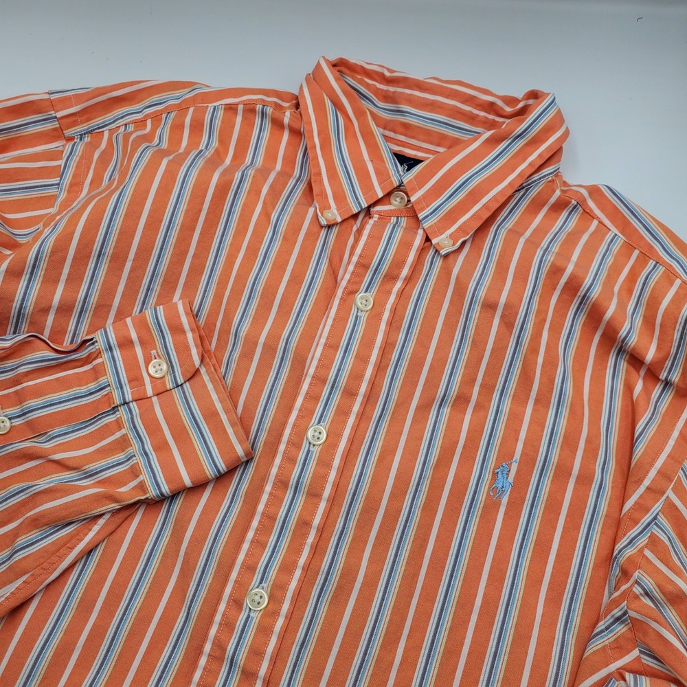 Polo Ralph Lauren Mens Classic Fit Striped Button Down Shirt Orange White L Flaw